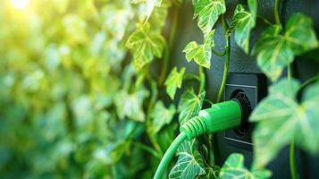 Green power plug connected to a wall socket surrounded by lush ivy leaves in a vibrant setting photo