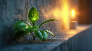 A vibrant green plant growing on a textured surface with a warm candle glow in the background photo