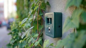Green electrical box mounted on a textured wall, surrounded by lush green vines in an urban setting photo