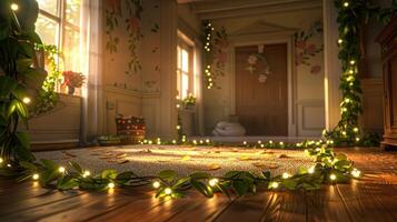 Cozy interior with warm lighting, floral decor, and a carpet adorned with leaves and lights photo