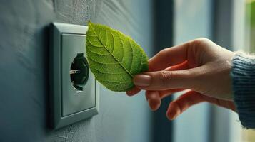Hand placing a green leaf into a power outlet on a wall, symbolizing eco-friendly energy solutions photo