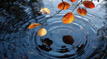 Autumn leaves floating on a serene water surface, creating ripples in a tranquil setting photo