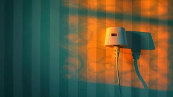 A minimalist wall scene featuring a white plug with a shadow cast by warm sunlight, creating patterns photo