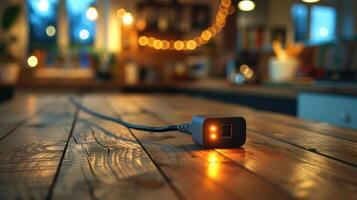 Close-up of a power adapter with glowing lights on a wooden table in a cozy kitchen setting photo