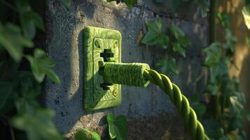 A vibrant green power outlet surrounded by lush ivy, symbolizing nature and technology integration photo