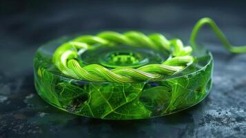 A vibrant green circular object with twisted cables surrounded by a textured dark background photo