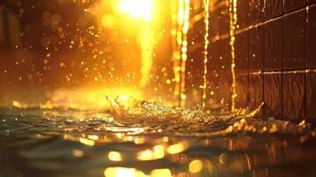 Golden sunlight illuminating splashes of water against a textured wall in a serene environment photo