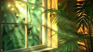 Sunlight streaming through a window illuminating lush green plants in a serene indoor setting photo