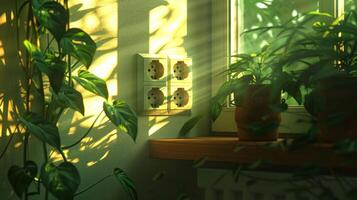 Lush indoor plants basking in sunlight near a power outlet by a window, creating a serene atmosphere photo