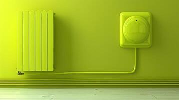 Bright yellow interior featuring a stylish radiator and matching wall socket against a vibrant backdrop photo