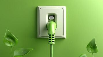 Green electrical outlet with a matching plug set against a vibrant green background with leaves photo