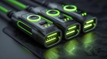 Close-up view of three modern charging cables with glowing connectors on a textured surface photo