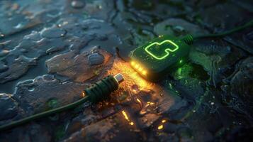 Close-up of a glowing green charging cable on a wet surface, with reflections and ambient lighting photo