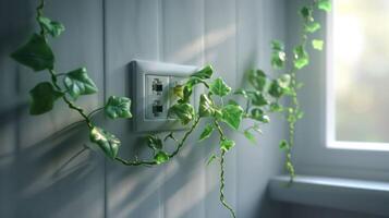 Lush green ivy cascading along a wall socket in a sunlit room with a window view photo