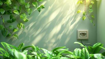 Lush green plants cascading over a wall with soft light and shadows, creating a serene indoor atmosphere photo