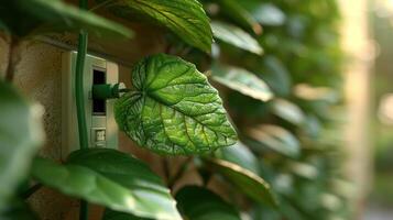 Lush green leaves intertwined with a power outlet, showcasing nature's blend with technology in a serene setting photo
