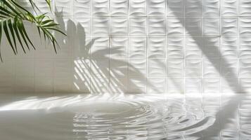Serene indoor scene with rippling water reflecting light against textured wall and shadows photo