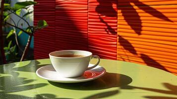 A serene cup of tea on a vibrant green table surrounded by colorful walls and shadows photo