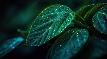 Close-up of vibrant green leaves illuminated with glowing particles, set against a dark background photo