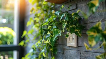 Lush green ivy climbing a textured stone wall near a power outlet in a sunlit indoor space photo