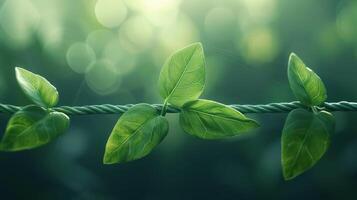 Lush green leaves delicately hanging on a rope against a soft, blurred natural background photo
