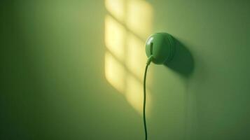 Soft green wall with a round socket and cable casting shadows from sunlight photo
