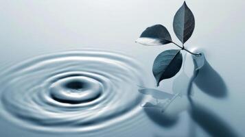 A serene water surface with a single leaf creating ripples, reflecting tranquility and nature's beauty photo