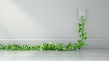 Lush green ivy vine growing towards a wall socket in a minimalist interior setting photo