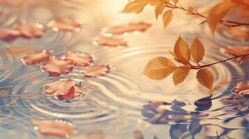 Serene autumn leaves floating on a tranquil water surface, with gentle ripples and soft light photo