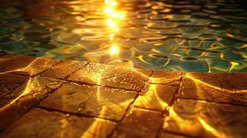 Sunlight reflecting off water surface near a stone pool edge, creating a shimmering effect photo