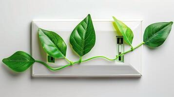 Decorative green leaves intertwined with a white electrical outlet on a clean surface photo
