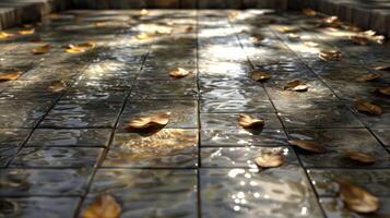 Tranquil scene of waterlogged tiles adorned with fallen leaves in a serene outdoor setting photo