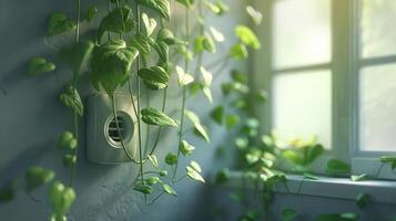 Lush green vines cascading from a window sill, creating a serene indoor atmosphere with sunlight photo