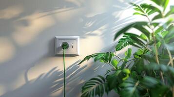 A green power cord plugged into a wall socket beside a lush indoor plant with shadows photo