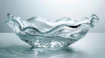 Elegant glass bowl with swirling design, filled with bubbles, set against a soft gradient background photo