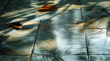 Rainwater rippling on tiled surface with fallen leaves and shadows in a serene outdoor setting photo