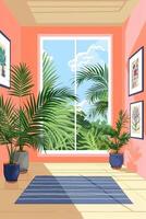Bright and airy interior room with tropical plants, colorful walls, and scenic window view photo