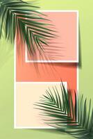 Abstract composition featuring geometric shapes and tropical leaves on a colorful background photo