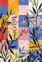 Colorful abstract pattern featuring botanical elements with vibrant squares in the background photo