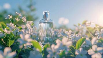 Clear glass bottle of fragrance surrounded by blooming white flowers in a sunny garden setting photo