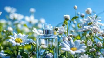 Clear glass perfume bottle surrounded by vibrant daisies under a bright blue sky photo