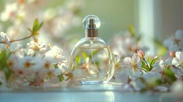 Elegant perfume bottle surrounded by blooming flowers in a serene, sunlit setting photo
