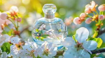 Elegant perfume bottle surrounded by blooming flowers in a serene garden setting photo