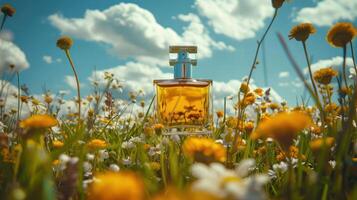Fragrant perfume bottle amidst a vibrant wildflower field under a sunny sky with clouds photo