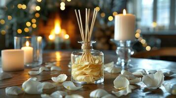 Serene indoor scene featuring a decorative diffuser, candles, and rose petals on a wooden table photo