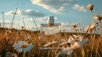 Elegant perfume bottle surrounded by blooming daisies in a sunlit meadow under blue skies photo