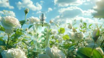 A delicate perfume bottle surrounded by blooming white roses and greenery under a bright sky photo