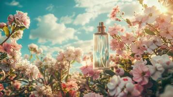 A shimmering perfume bottle surrounded by blooming pink flowers under a sunny sky photo