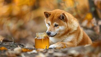 Shiba Inu dog curiously inspecting a jar of honey amidst autumn leaves in a serene setting photo