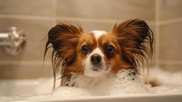 A small dog enjoying a bubble bath in a modern bathroom, with tiles and fixtures in the background photo